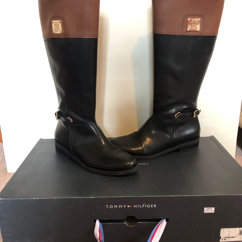 NWT Tommy Hilfiger Riding Saddle Boots 8M Black Brown Faux Leather side zip
